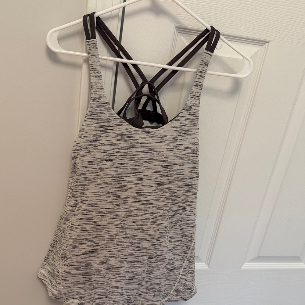 lululemon athletica Heathered Light Gray Tank with Dark Purple Strappy Back